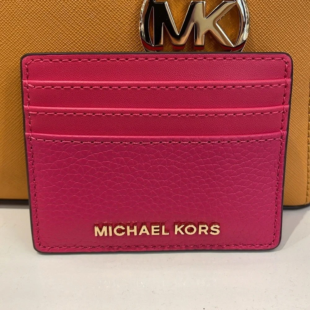 MICHAEL KORS Large Pebbled Leather Card Holder Case Electric Pink NWT